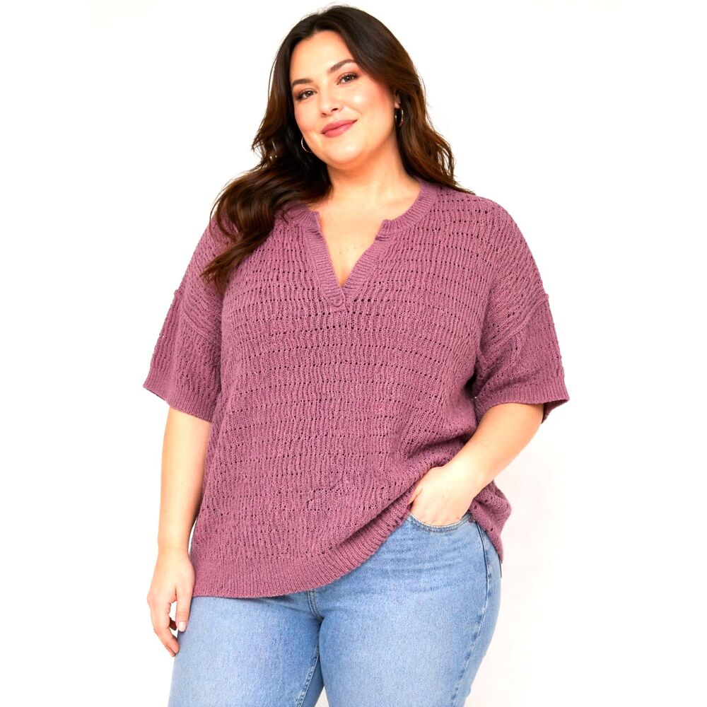 Universal Thread Mauve Knit Sweater 3X Plus Size Short Sleeve VNeck Textured Top